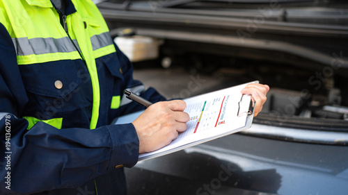 Foto A technician is checking on car inspection checklist form to verify the safety condition after serviced