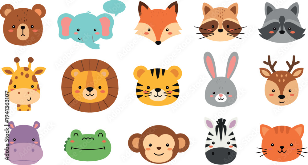 Fototapeta premium Cute animal faces vector set with bear, elephant, fox, raccoon, giraffe, lion, tiger, rabbit, deer and jungle cartoon characters