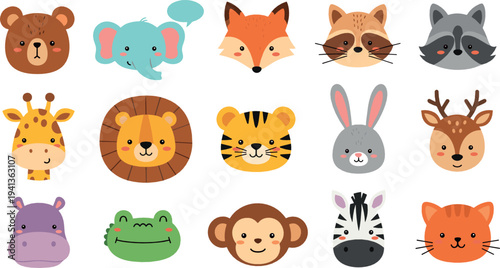 Cute animal faces vector set with bear, elephant, fox, raccoon, giraffe, lion, tiger, rabbit, deer and jungle cartoon characters