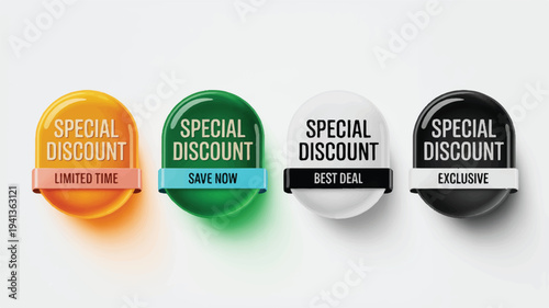 Set of four glossy 'special discount' sale badges with different taglines: limited time, save now, best deal, exclusive. promotional icons