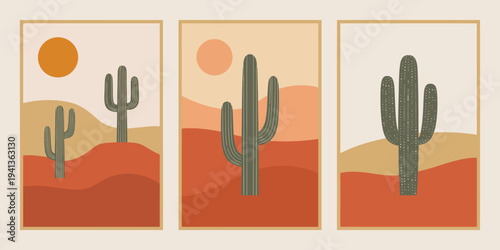 Saguaro Desert Triptych Poster, tall saguaro cactus with multiple arms against orange sun and yellow-orange hills, middle panel with single cactus and pink-orange sun