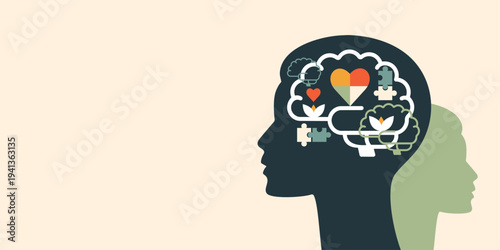 Face silhouettes with brain elements. Mental Health concept.