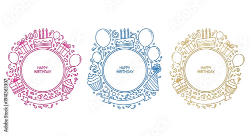 Three colorful doodle style birthday frames with cakes balloons and gifts