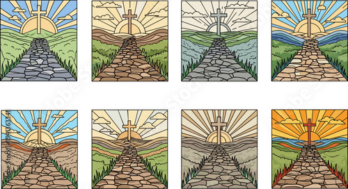 Path to the cross with sunrise and varied landscapes, a collection of eight illustrations