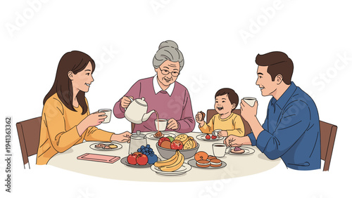 Multi generational family sitting together at a dining table sharing a warm meal and tea in a cozy domestic home setting with smiles.