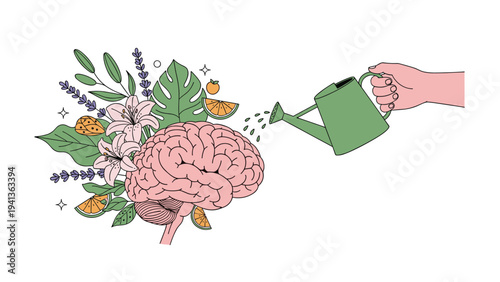 Human hand uses a green watering can to nurture a brain that has flowers and leaves growing out of it, symbolizing mental growth.