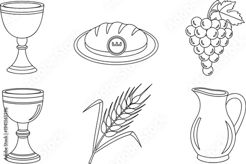 Religious symbols of communion: chalice, bread, grapes, wheat, and pitcher