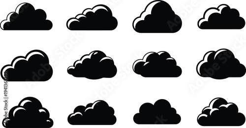 Collection of Black Clouds Icons, Weather Symbols, Flat Design