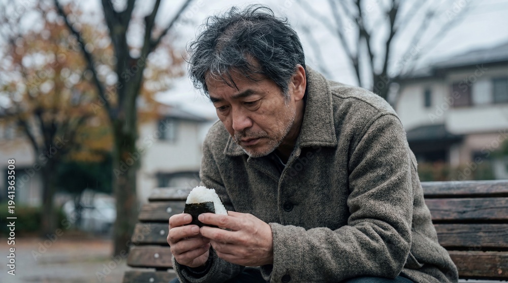 Fototapeta premium 公園のベンチで一人寂しくおにぎりを見つめる、失業した日本人中年男性
