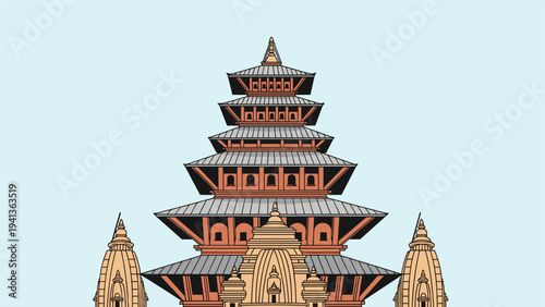 Intricate architecture of a traditional Nepalese multi-tiered pagoda temple set against a clear light blue sky, showcasing cultural heritage.