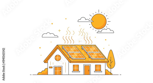 Illustration of a house with solar panels and a bright sun above