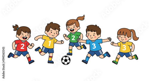 Cartoon illustration of children joyfully playing a game of soccer