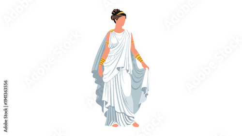 Elegant woman dressed in a traditional white ancient Greek chiton and draped palla with golden jewelry against a clean white background in vector.