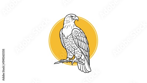 Detailed black and white sketch of an eagle perched on a branch against a yellow circular background, looking off to the side majestically.