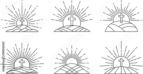 Christian cross on hill with sunburst, symbolizing resurrection and new beginnings