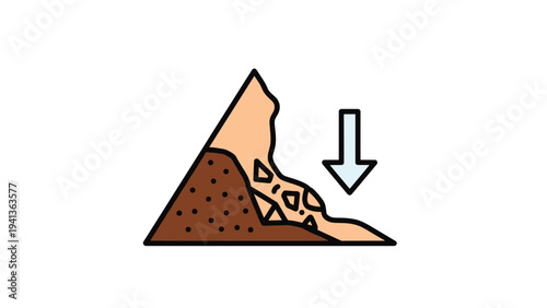 Simple graphic icon of a mountainside with falling rocks and a downward arrow to warn of landslide or rockfall hazards in mountainous terrain.