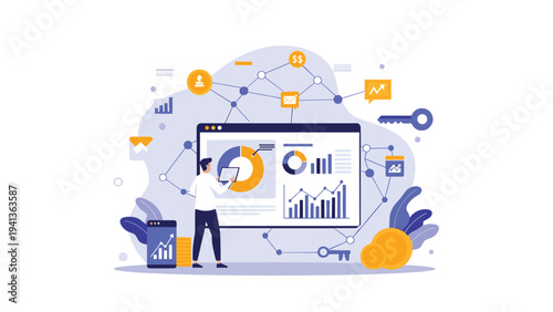 Business professional analyzing complex financial growth data and network connections on a large screen to optimize company performance and strategy.