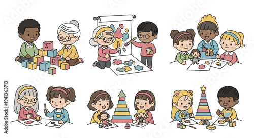 Diverse children engaging in creative activities like building and drawing