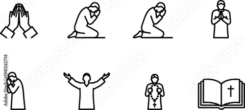 Collection of line art icons representing prayer, faith, and religious devotion