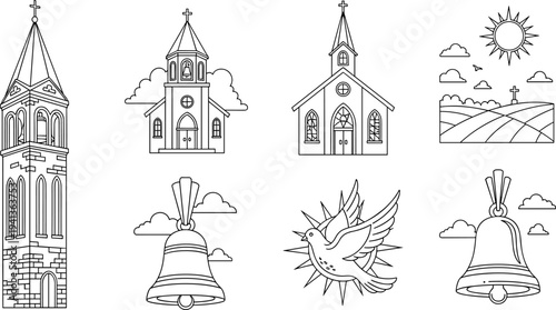Collection of religious symbols and buildings in a simple line art style