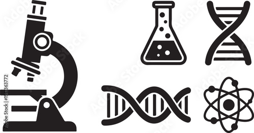 Science and biology icons in black and white illustration