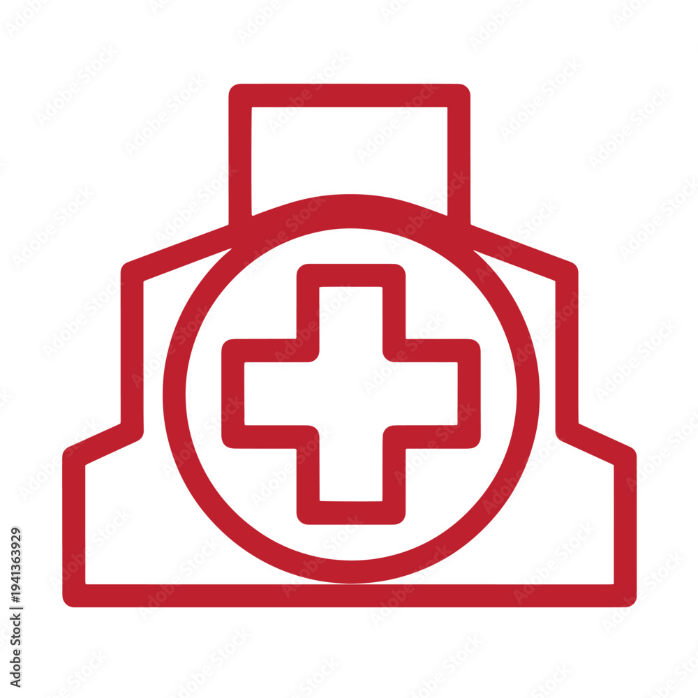 Fototapeta premium Medical hospital building icon with red cross symbol on white background