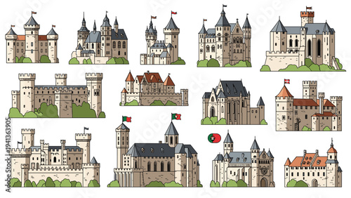 Assorted architectural illustrations of medieval castles and fortresses featuring stone towers, flags, and various historical building styles.