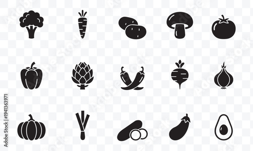 Healthy Vegetable Icons Collection Farm Fresh Organic Produce, Food and Garden Silhouettes Vector Set
