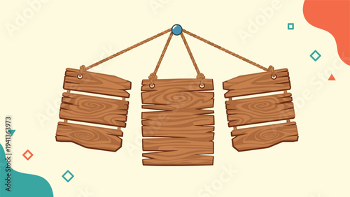 Graphic illustration of three rustic wooden signs suspended by ropes from a central point against a decorative light yellow background.