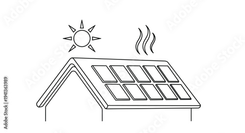 Line art illustration of a rooftop with solar panels and sun