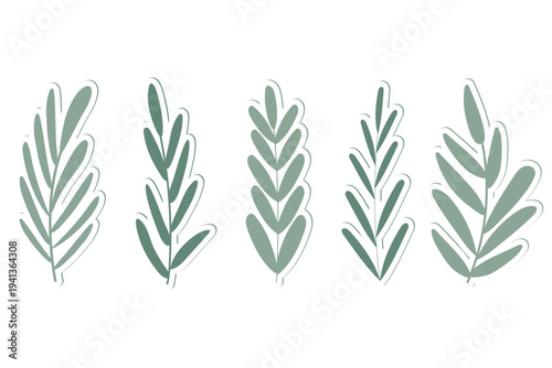 set of vector plant stickers in green color on white background.