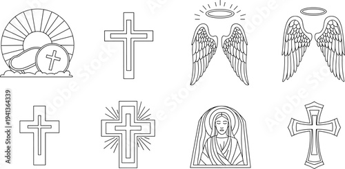 Assorted religious symbols including crosses and angels in line art style
