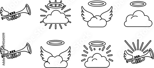 Collection of angelic symbols including trumpets with wings and clouds with halos