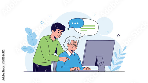 Caring young man helping an elderly woman learn how to use a computer at a desk in a clean modern office or home setting.