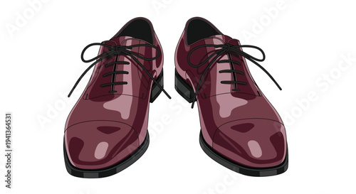 A pair of polished burgundy dress shoes are displayed on a white background