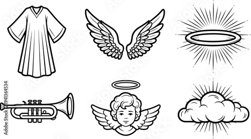Illustration of angelic symbols including wings, a trumpet, and a halo