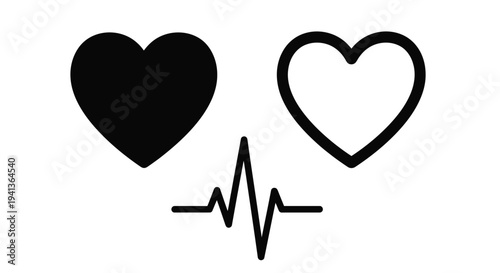 Black and white hearts with a heartbeat line graphic illustration