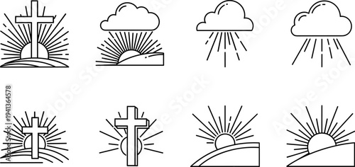Christian cross and sunburst icons with rain and clouds, representing faith and hope