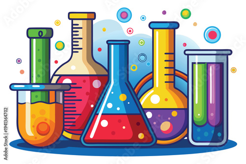 Colorful chemistry laboratory glassware experiment with scientific beakers and flasks on a white setting