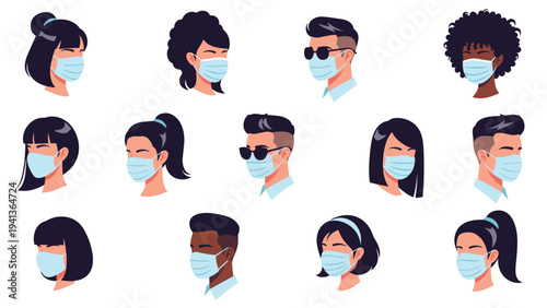 Collection of diverse male and female character portraits all wearing light blue medical face masks for health and safety protection.