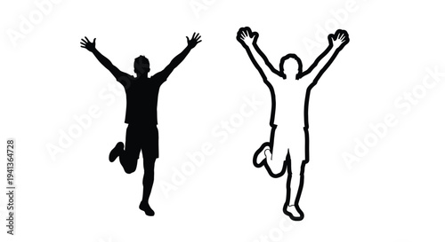 Two silhouettes of people jumping with arms raised in celebration