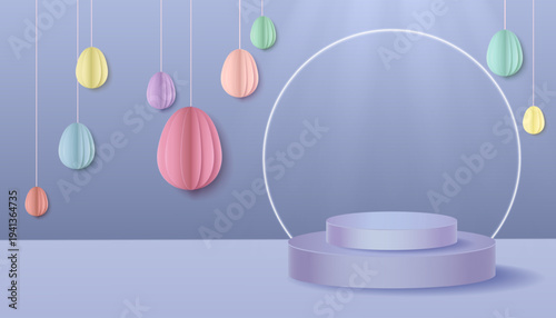 Modern Easter podium scene with hanging decorative eggs and soft colors. Ideal for product presentation, holiday promotions and spring campaigns.
