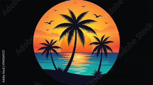 Circular sunset silhouette of palm trees and ocean with birds flying, evoking a tropical paradise vacation
