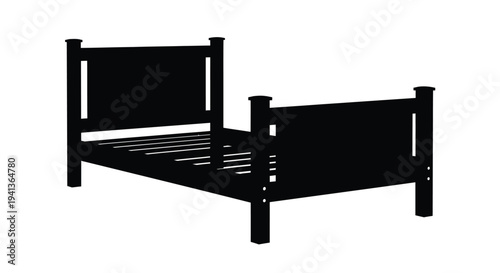 Black silhouette of a simple wooden bed frame against a white background