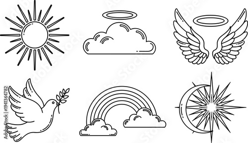 Collection of celestial and symbolic line art icons including sun, cloud, wings, dove, rainbow, and star