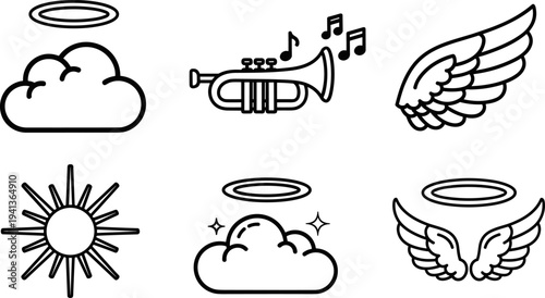 Collection of celestial and angelic icons including clouds, wings, sun, and trumpet