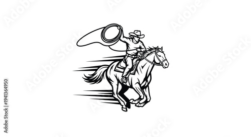 A cowboy on horseback skillfully swinging a lasso in a dynamic pose