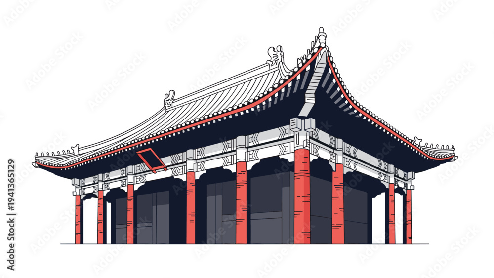 Obraz premium Traditional East Asian temple architecture with multi tiered roof and red pillars shown in a detailed graphic vector illustration style.