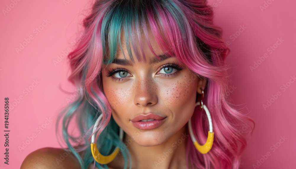Obraz premium Young woman with vibrant pink and teal hair poses against a bright pink backdrop. She wears large hoop earrings and has freckles. Her makeup is subtle and her expression is friendly.