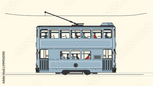 Traditional double decker tram car filled with passengers moving through a city depicted in a clean and simple flat vector illustration style.